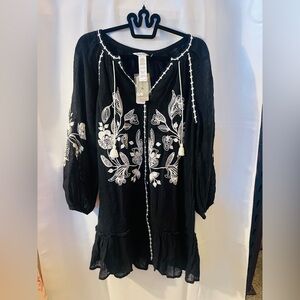 New Tommy Bahama Black Linen Gauze Tunic Coverup Embroidered Dress Size Small